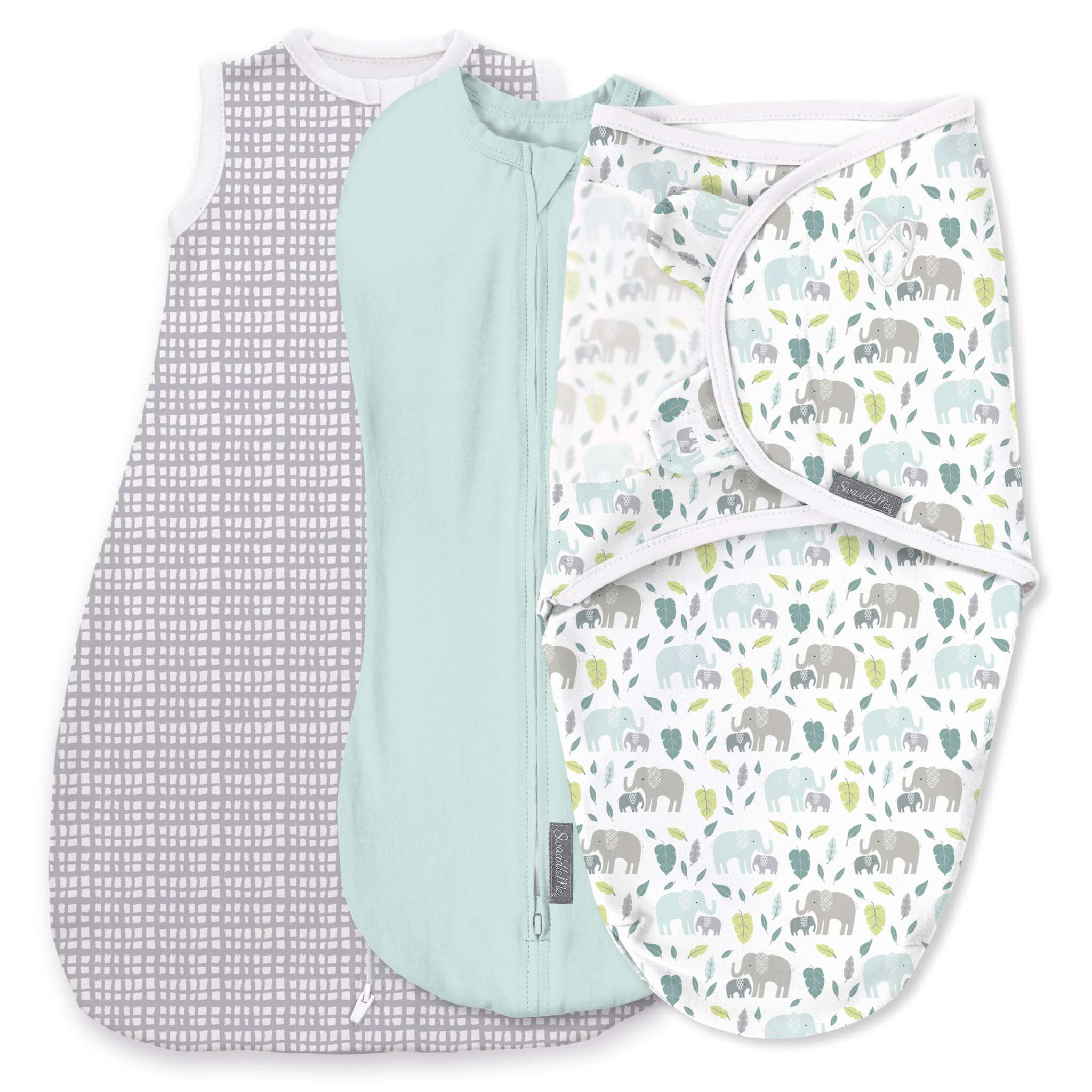 SwaddleMe by Ingenuity Comfort Pack, 3pk, Pod, Original Swaddle, Night Sack, Baby Elephant, 0-3 Months, Soft Cotton.
