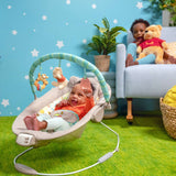 Winnie the Pooh baby bouncer with soft cushioned seat, removable headrest, toy bar featuring Pooh and Tigger toys, vibration and melodies for infants.