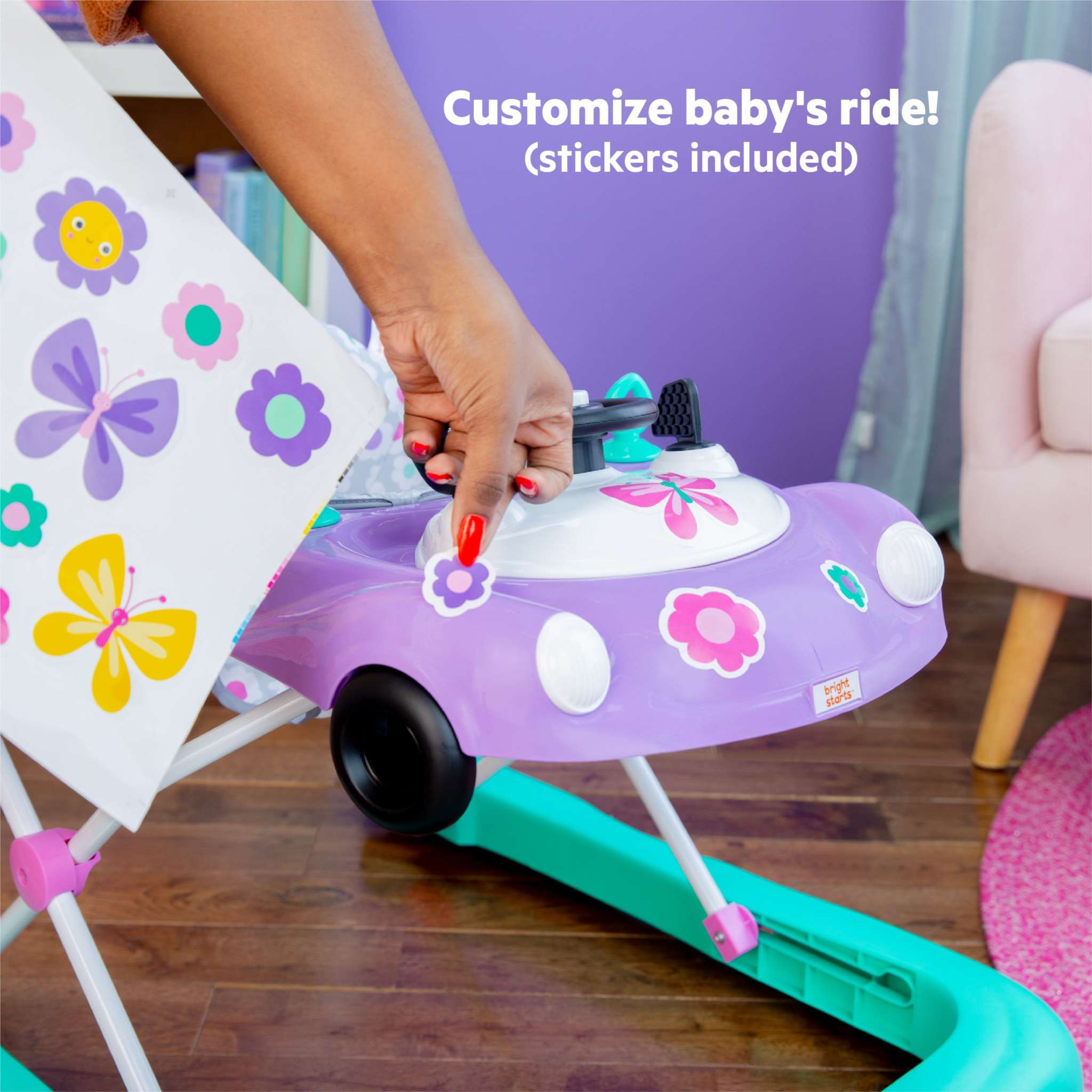 Little Speedster 3-in-1 Car Walker in Purple Power with steering wheel and adjustable height.