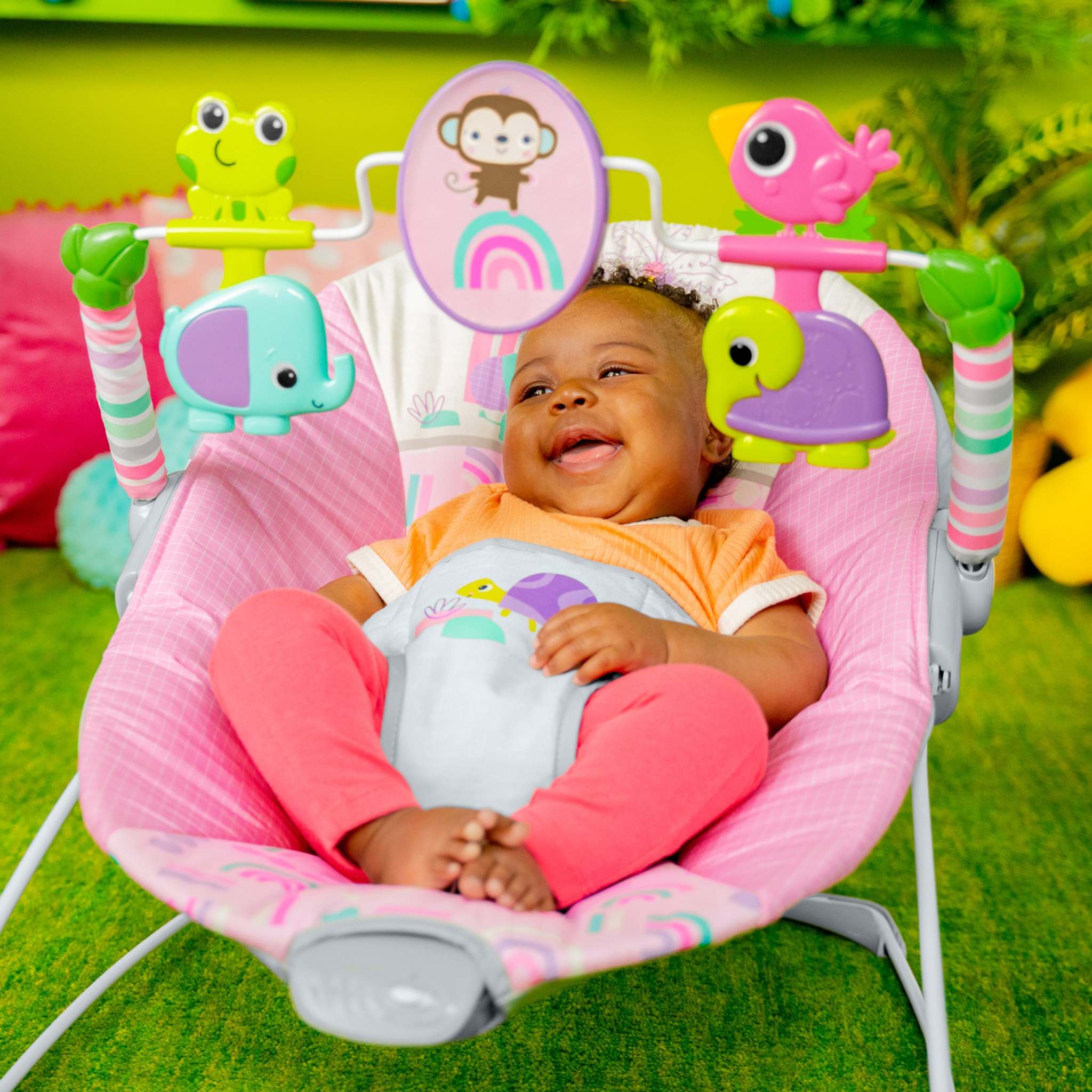 Bright Starts Pink Paradise Vibrating Baby Bouncer with Toys and Mirror