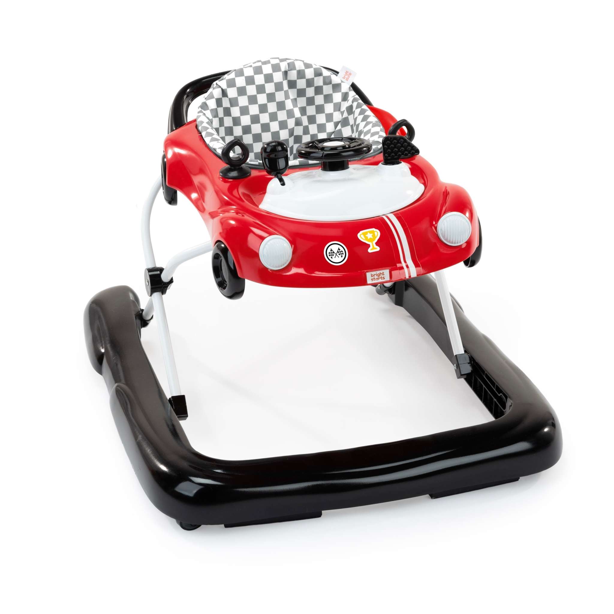 Little Speedster 3-in-1 Car Walker in red with checkered seat, steering wheel, gear shifter, and race-themed design.