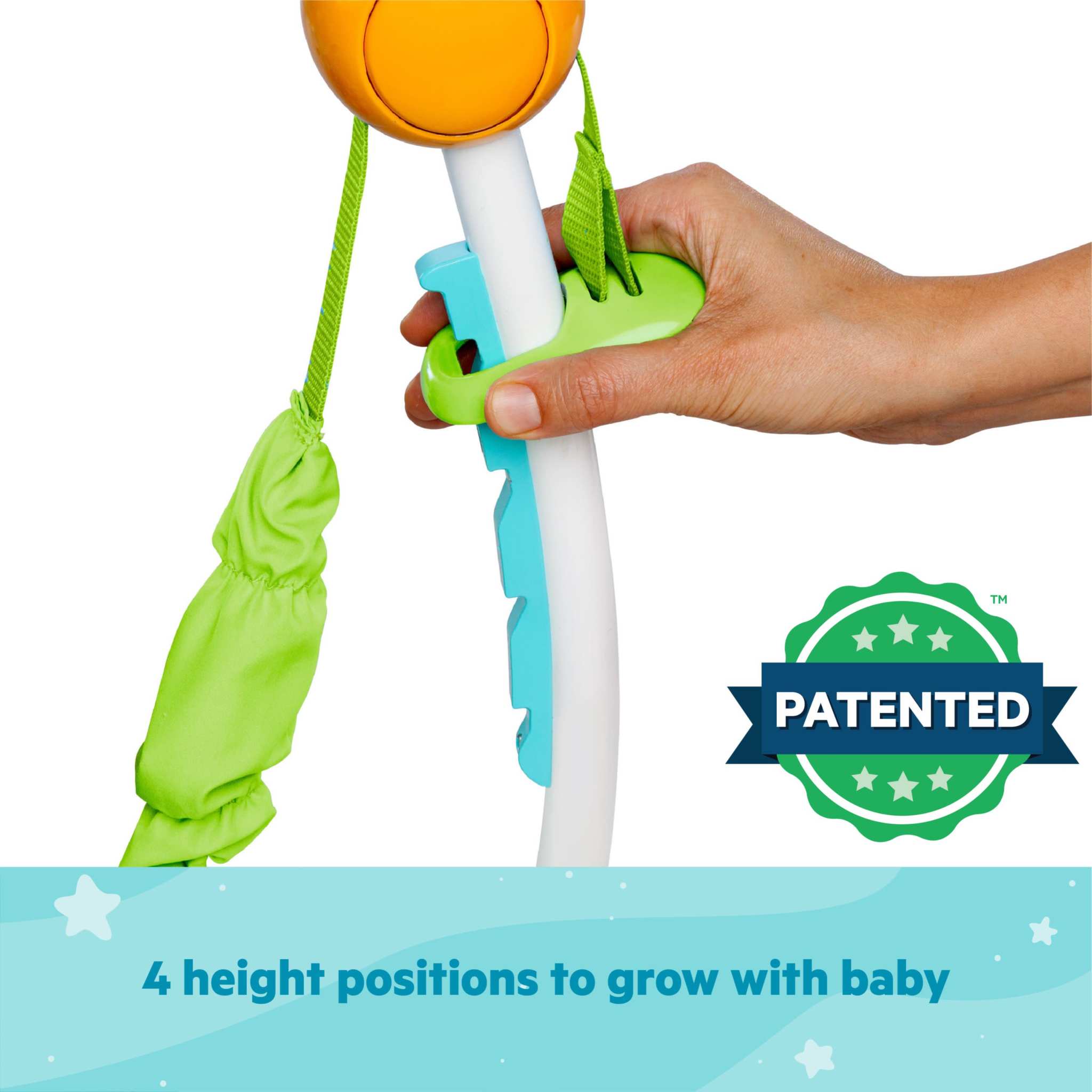Close-up of hand adjusting height on Disney Baby Finding Nemo Sea of Activities Baby Activity Jumper with green strap and white frame
