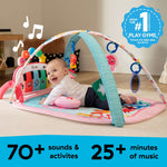 Baby Einstein 4-in-1 Kickin Tunes Jellyfish Jamboree Gym includes 70+ sounds & activates and 25+ minutes of music.