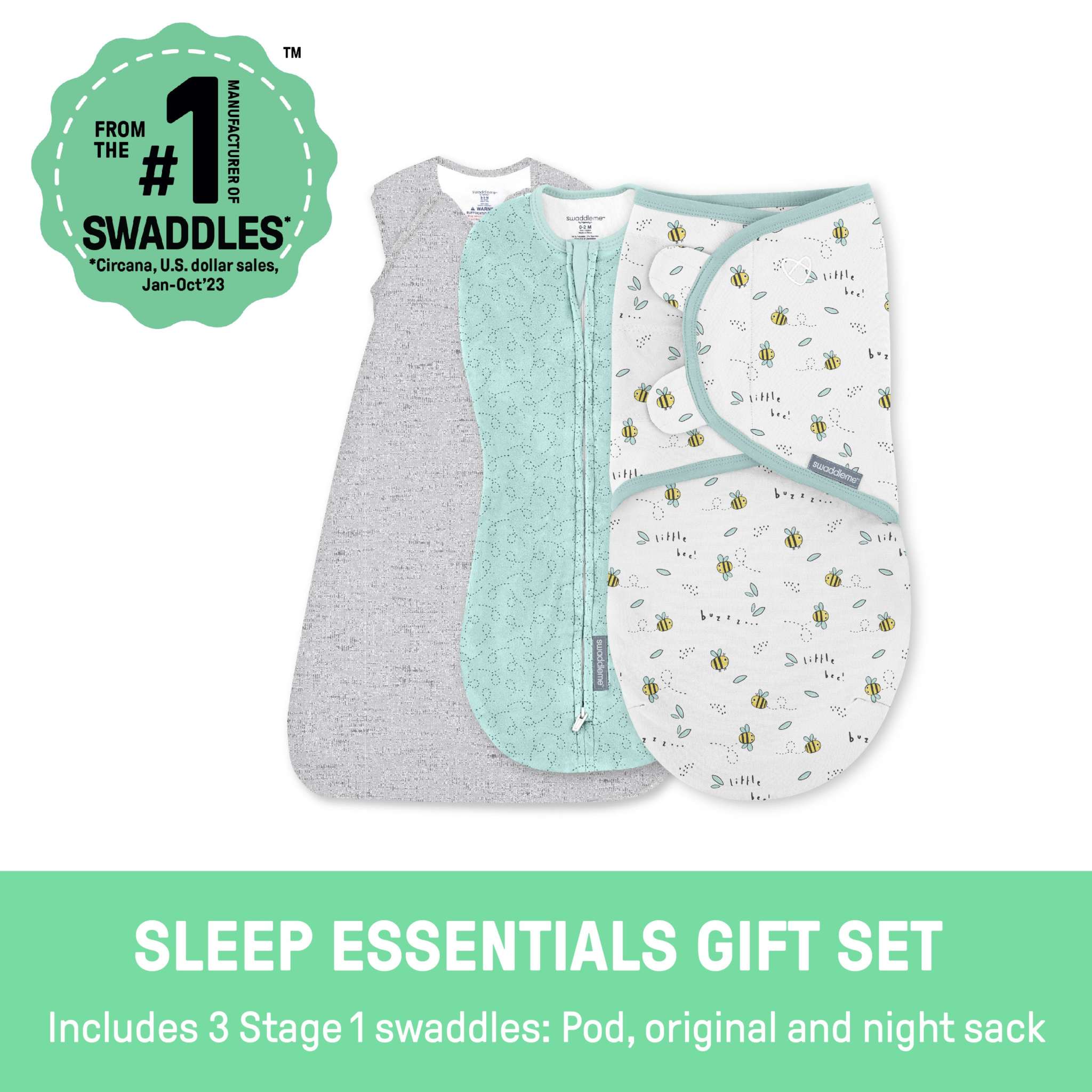SwaddleMe by Ingenuity Comfort Pack 3-piece baby swaddle set in little bees design for 0-3 months infants