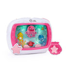 Baby Einstein Sea Dreams Soother in pink with ocean theme, displaying colorful sea creatures and comes with remote control.