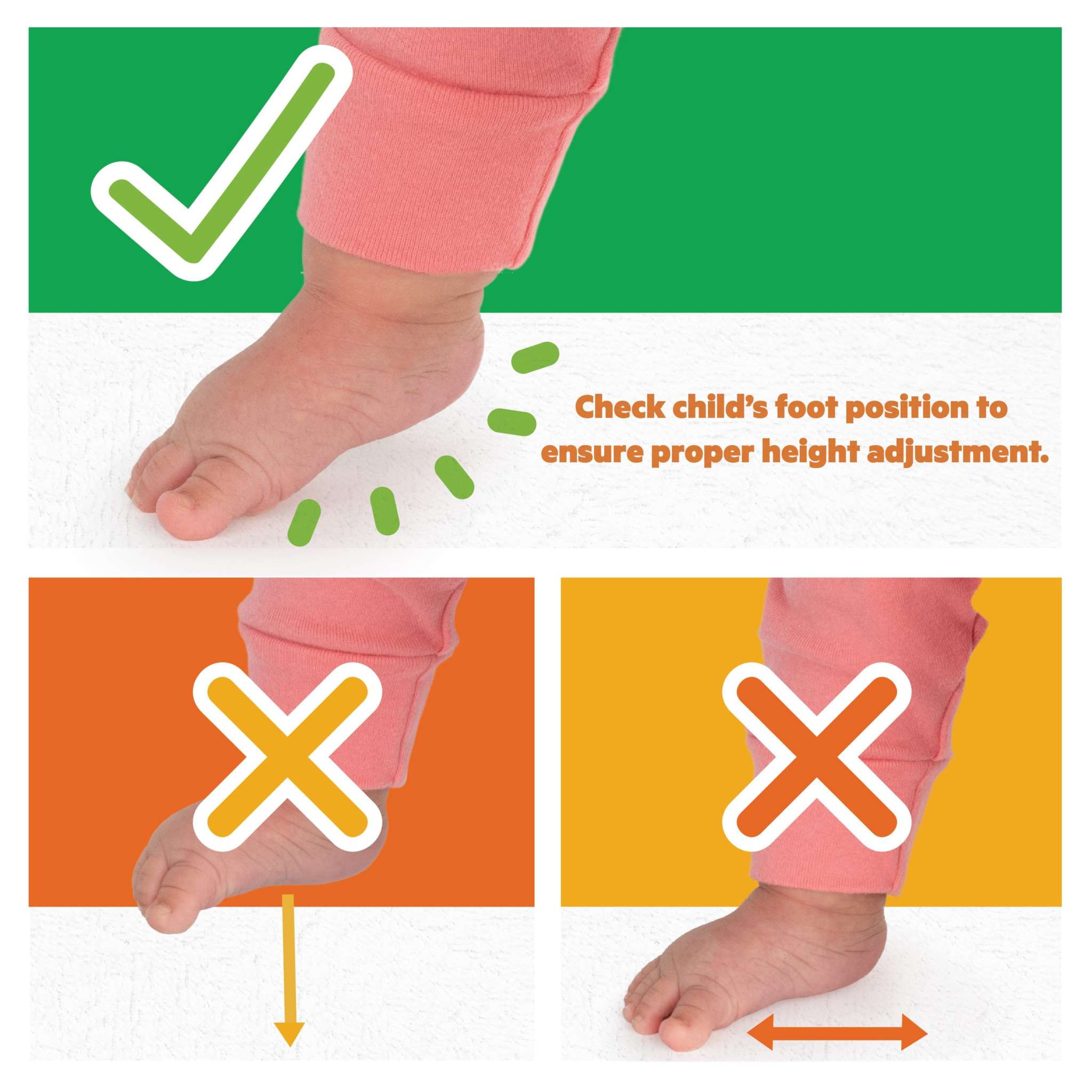 Close-up of a baby's foot demonstrating proper foot position for height adjustment on Disney Baby Finding Nemo activity jumper.