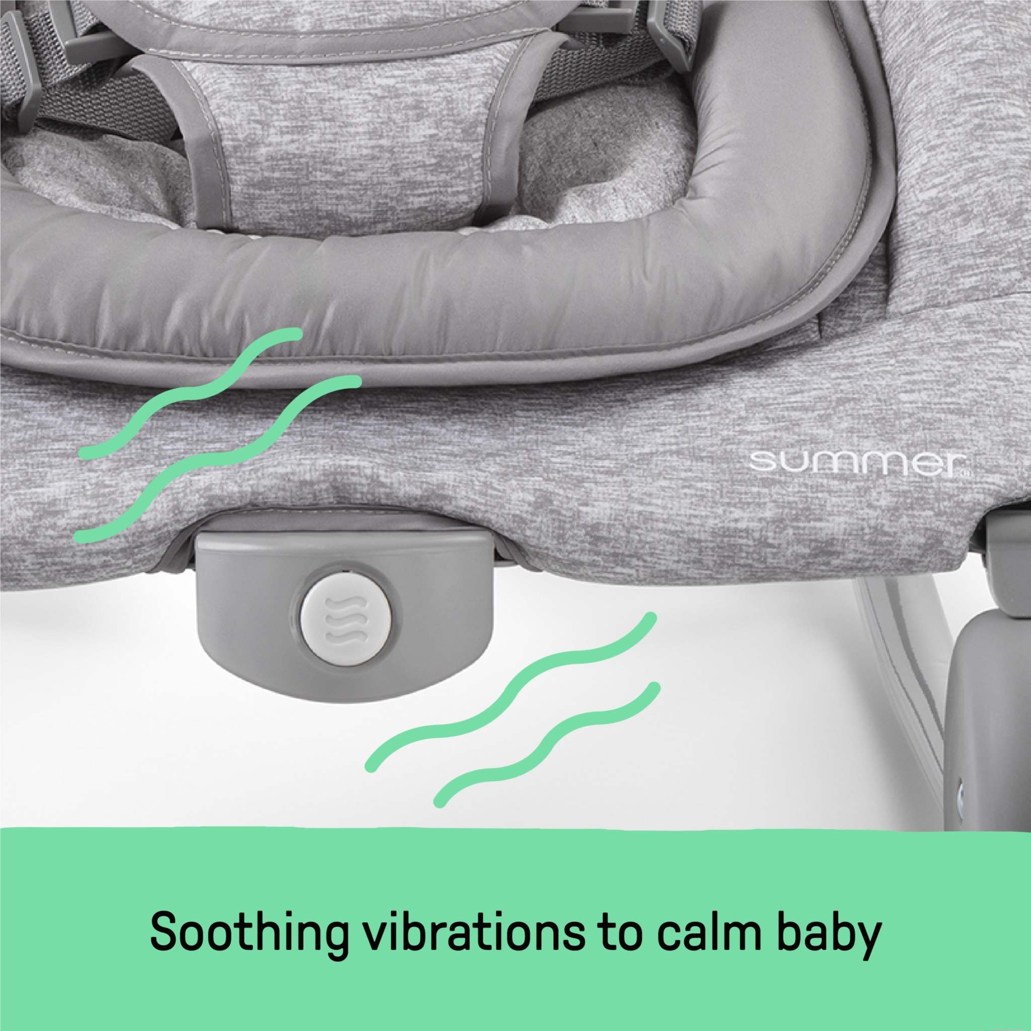 Close-up of light gray tweed 2-in-1 Bouncer & Rocker showing soothing vibration feature to calm baby