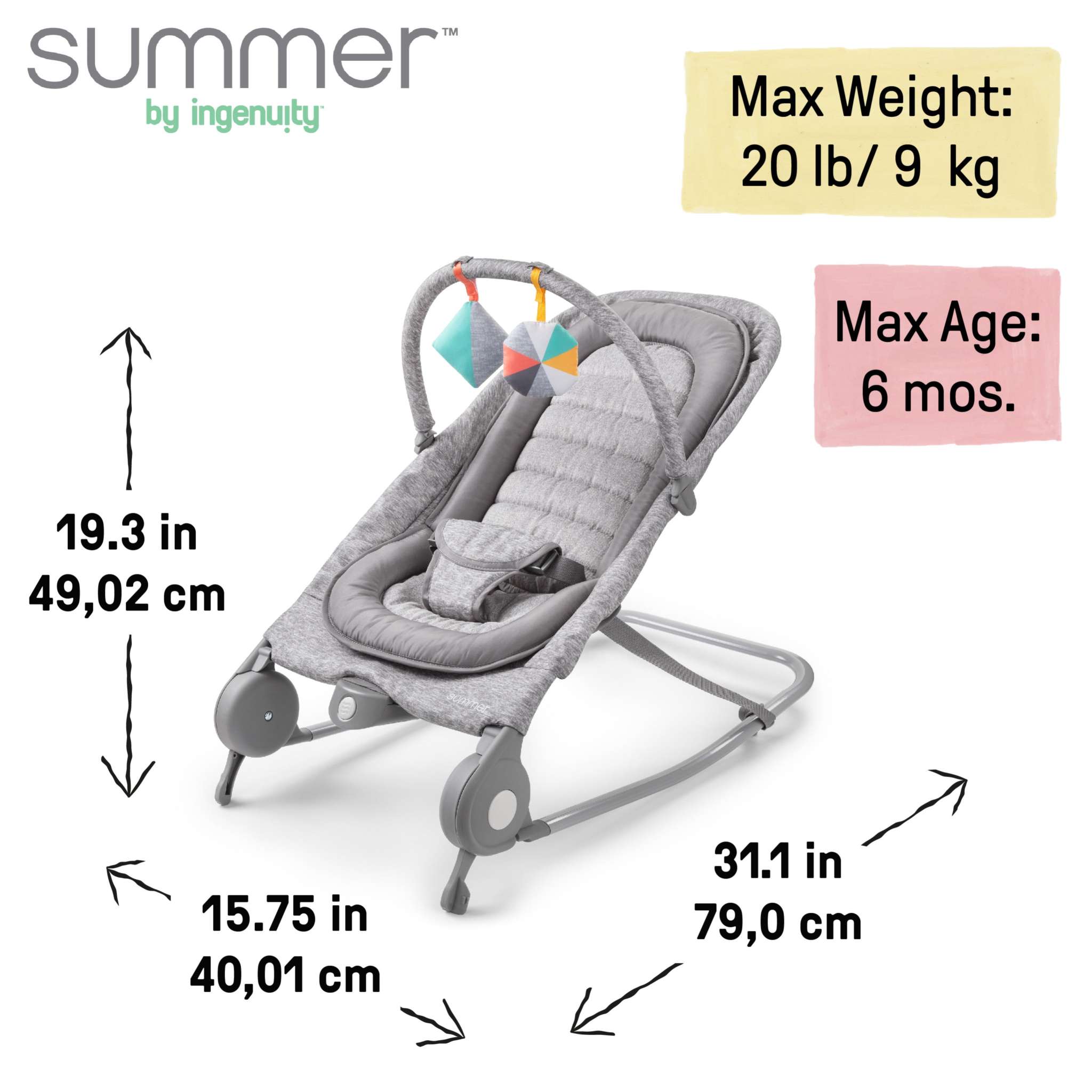 Light gray tweed 2-in-1 Bouncer & Rocker with removable toy bar and compact fold design