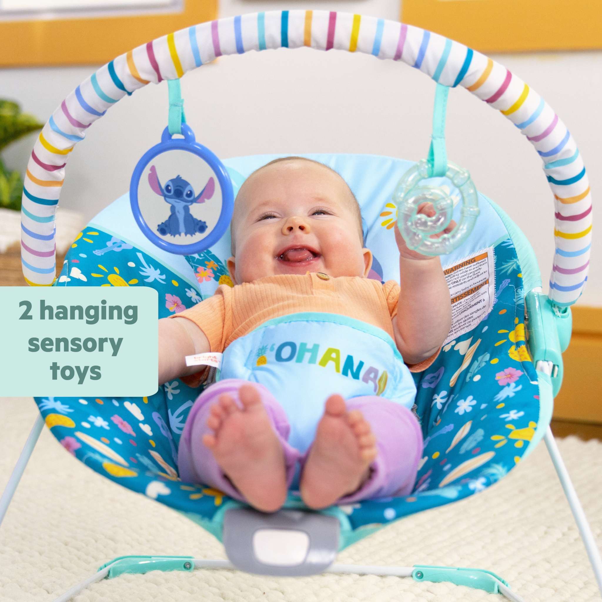 Disney Baby Stitch Ohana Paradise Vibrating Bouncer includes 2 hanging sensory toys