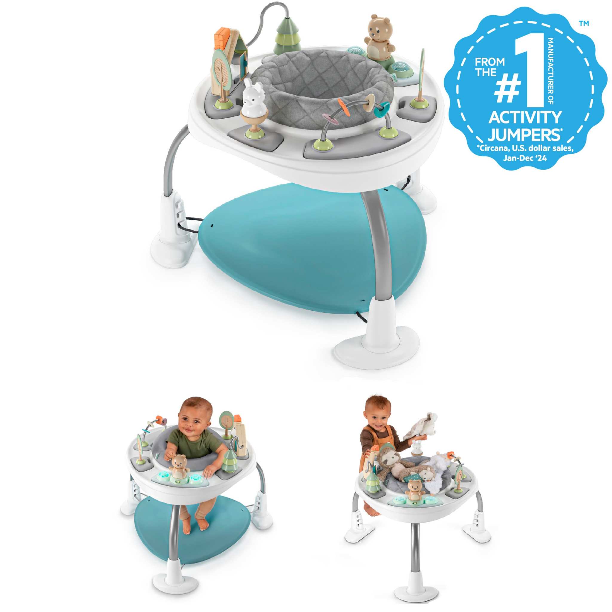 Ingenuity Spring & Sprout 2-in-1 Baby Activity Center Jumper with 360° rotating seat, nature-inspired activities, and adjustable height for ages 6-24 months.