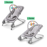Gray tweed 2-in-1 Bouncer & Rocker with removable toy bar and soft toys
