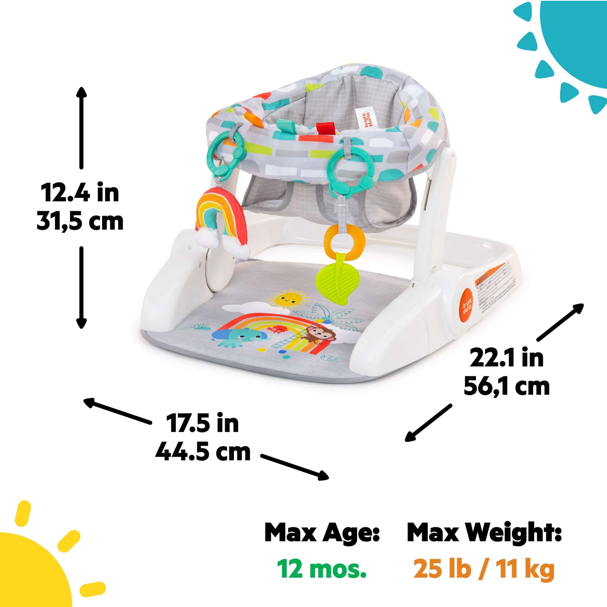 Bright Starts Learn-to-Sit 2-Position Floor Seat with toys and padded seat for baby comfort.