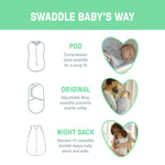 SwaddleMe by Ingenuity Comfort Pack with Pod, Original wrap, and Night Sack baby swaddles for 0-3 months, soft cotton blend sleep solutions.