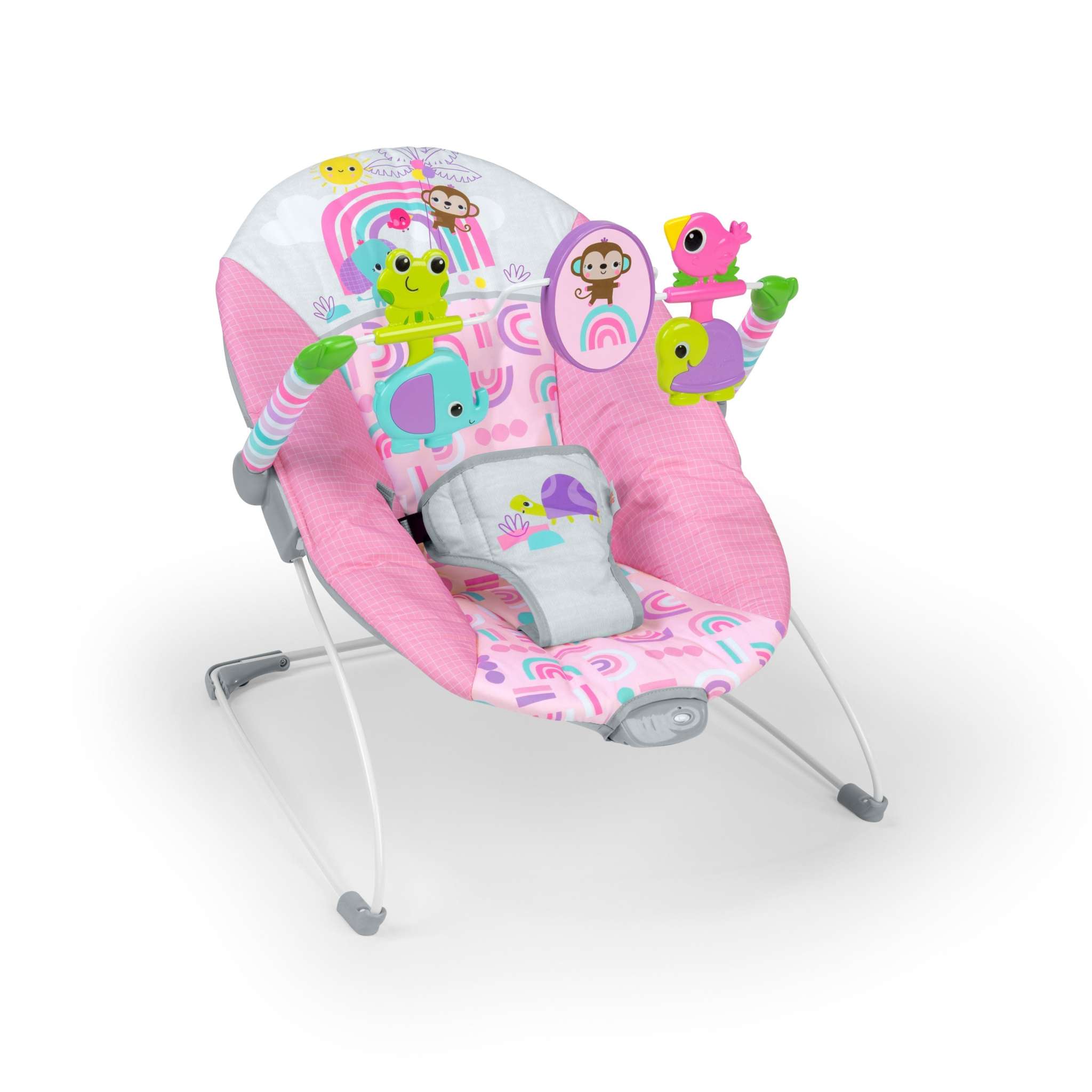 Bright Starts Pink Paradise Vibrating Baby Bouncer with Toys and Mirror