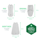 SwaddleMe by Ingenuity Comfort Pack with Pod, Original, and Night Sack swaddles for 0-3 months babies, soft cotton blend, machine washable.
