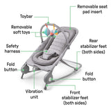 Light gray tweed 2-in-1 Bouncer & Rocker with removable toy bar, safety harness, vibration unit, and folding stabilizer feet for infants.