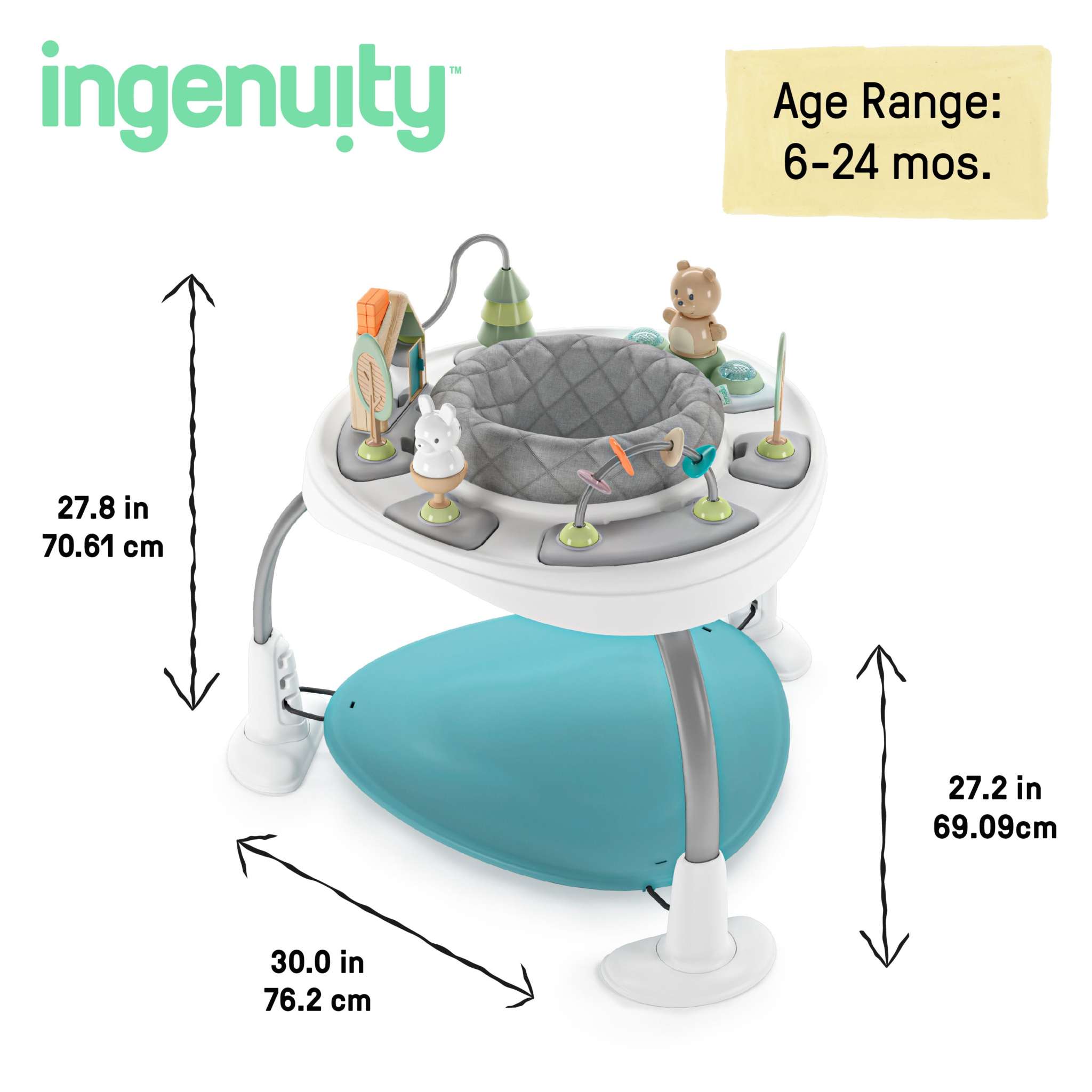 Ingenuity Spring & Sprout 2-in-1 Baby Activity Center Jumper with 360° rotating seat, nature-inspired activities, and adjustable height for ages 6-24 months.