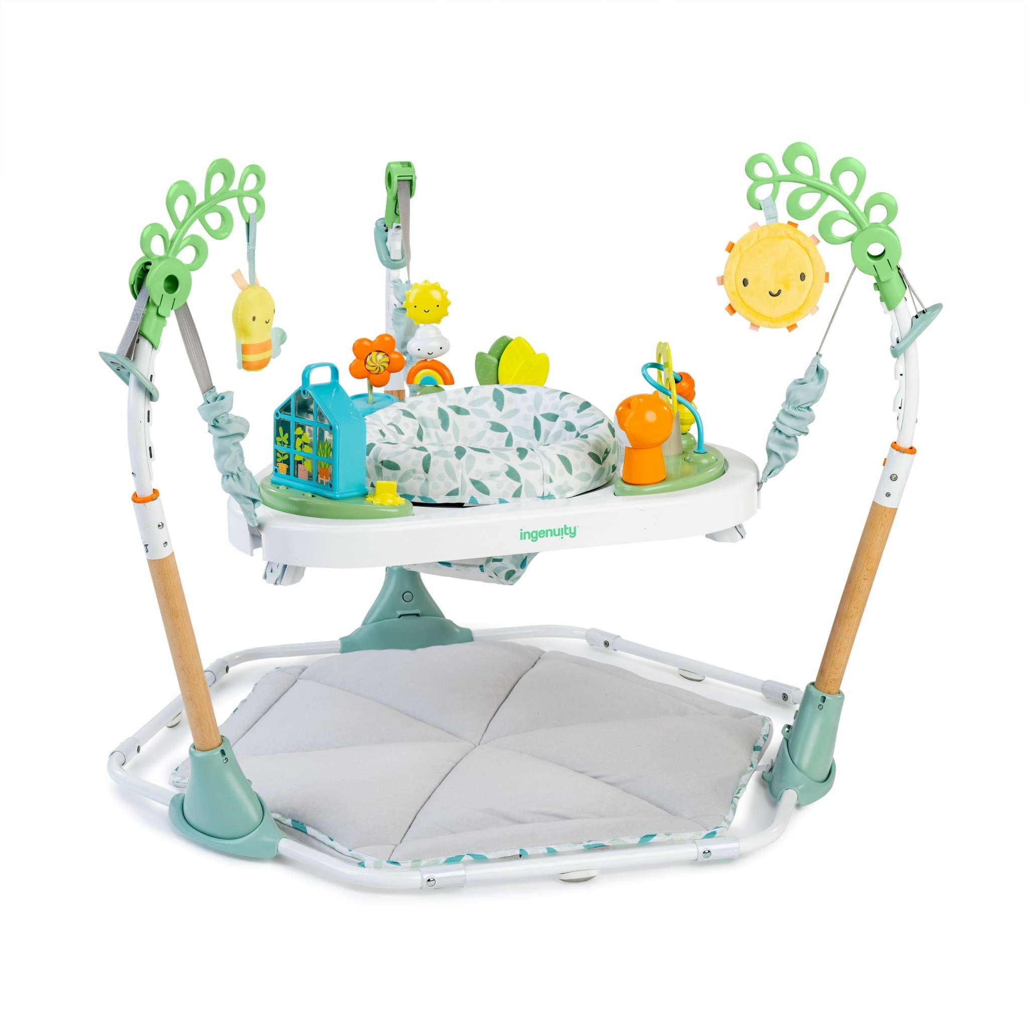 Ingenuity Tummy-to-Toes 6-in-1 Milestones Center for ages 0-48 months, featuring multi-activity play area with soft mat, interactive toys, and adjustable jumper settings.