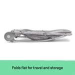 Light gray tweed 2-in-1 Bouncer & Rocker folded flat for travel and storage