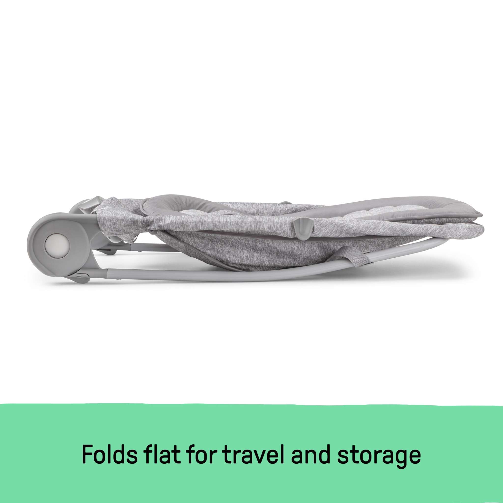 Light gray tweed 2-in-1 Bouncer & Rocker folded flat for travel and storage