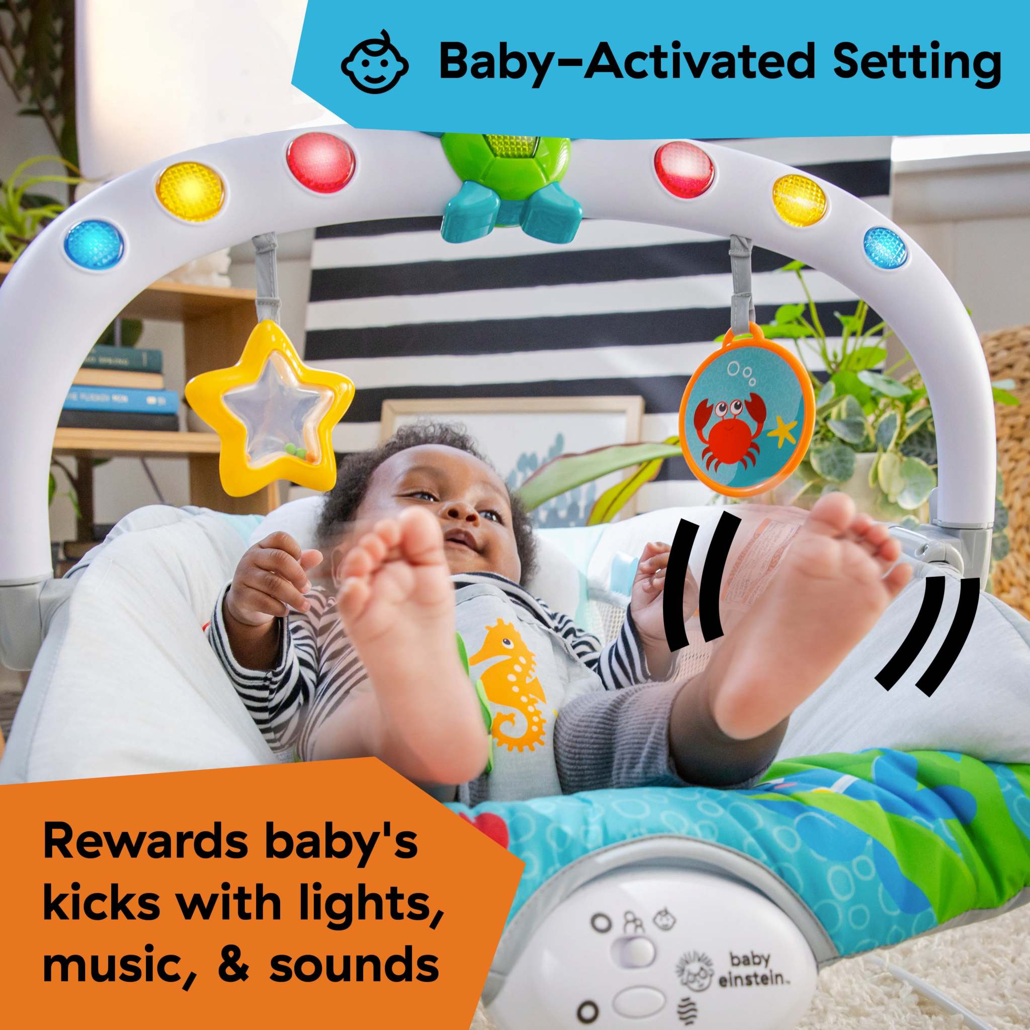 Baby enjoying Baby Einstein Kick to It Neptune Musical Bouncer with lights and sounds.