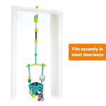 Bright Starts Bounce 'n Spring Deluxe Door Jumper with toys in doorway.