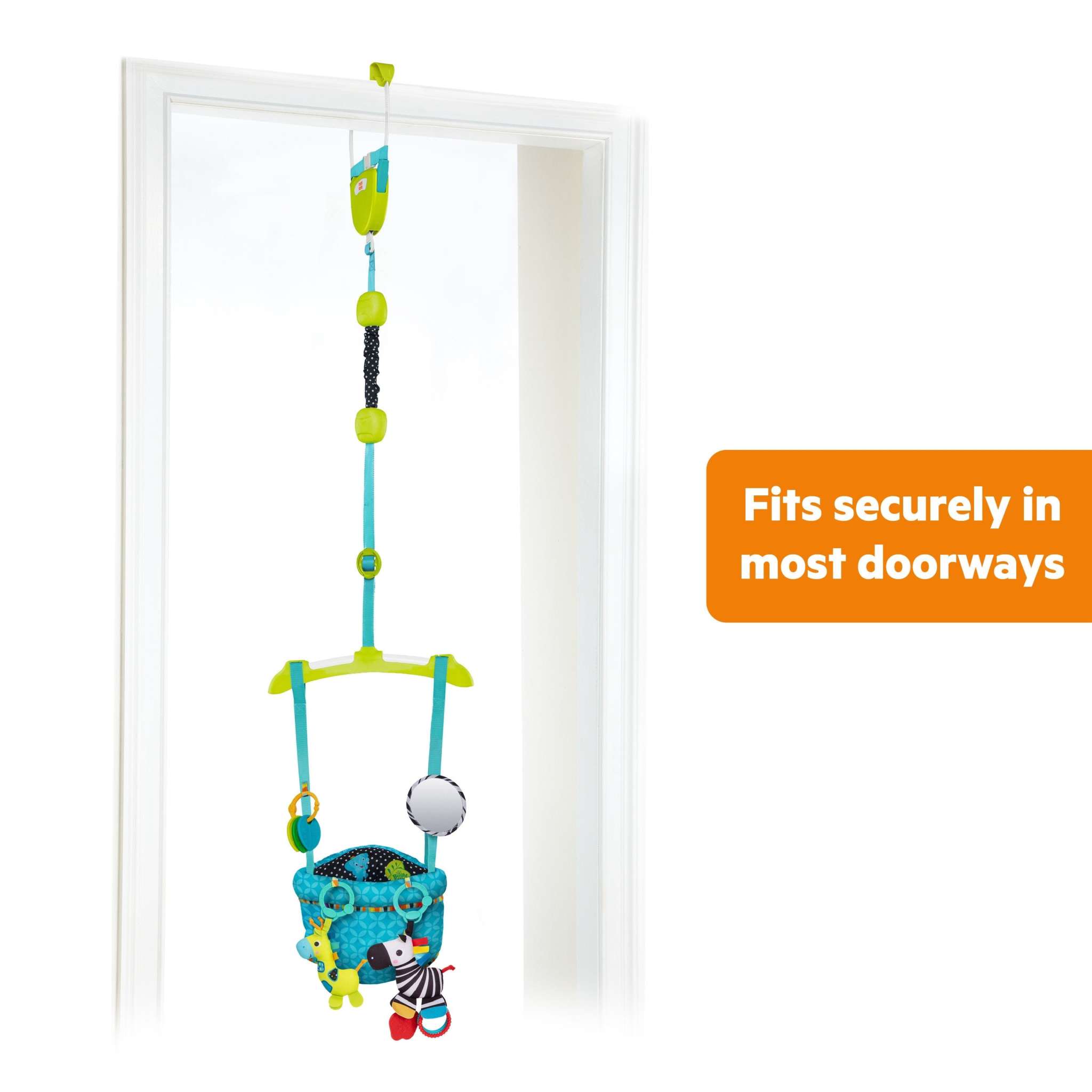 Bright Starts Bounce 'n Spring Deluxe Door Jumper with toys in doorway.