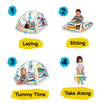 Baby Einstein 4-in-1 Kickin’ Tunes Music & Language Discovery Gym in four play modes: lay and play, sitting, tummy time, take along.