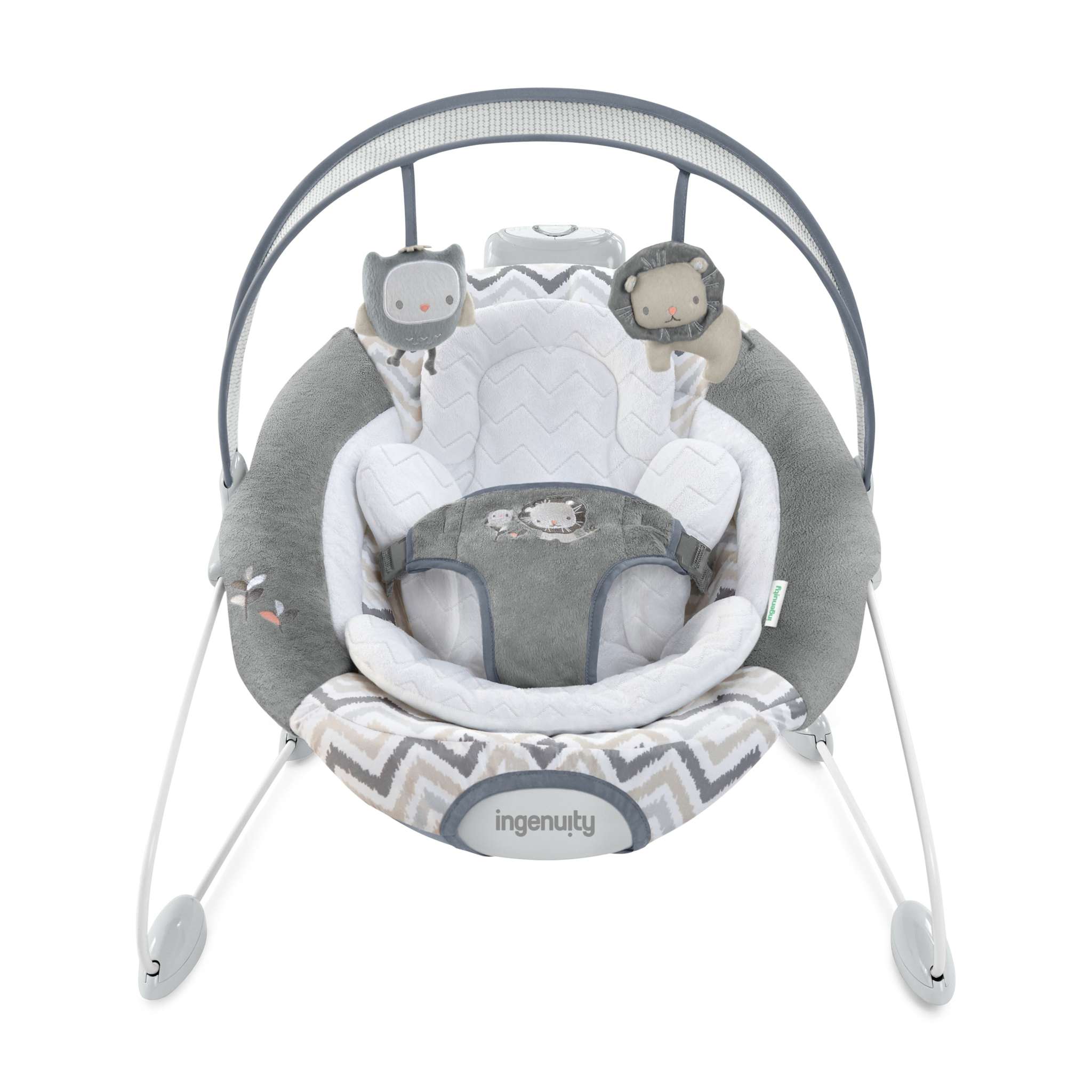 Ingenuity SmartBounce Automatic Bouncer Braden with plush fabrics and overhead toy bar.