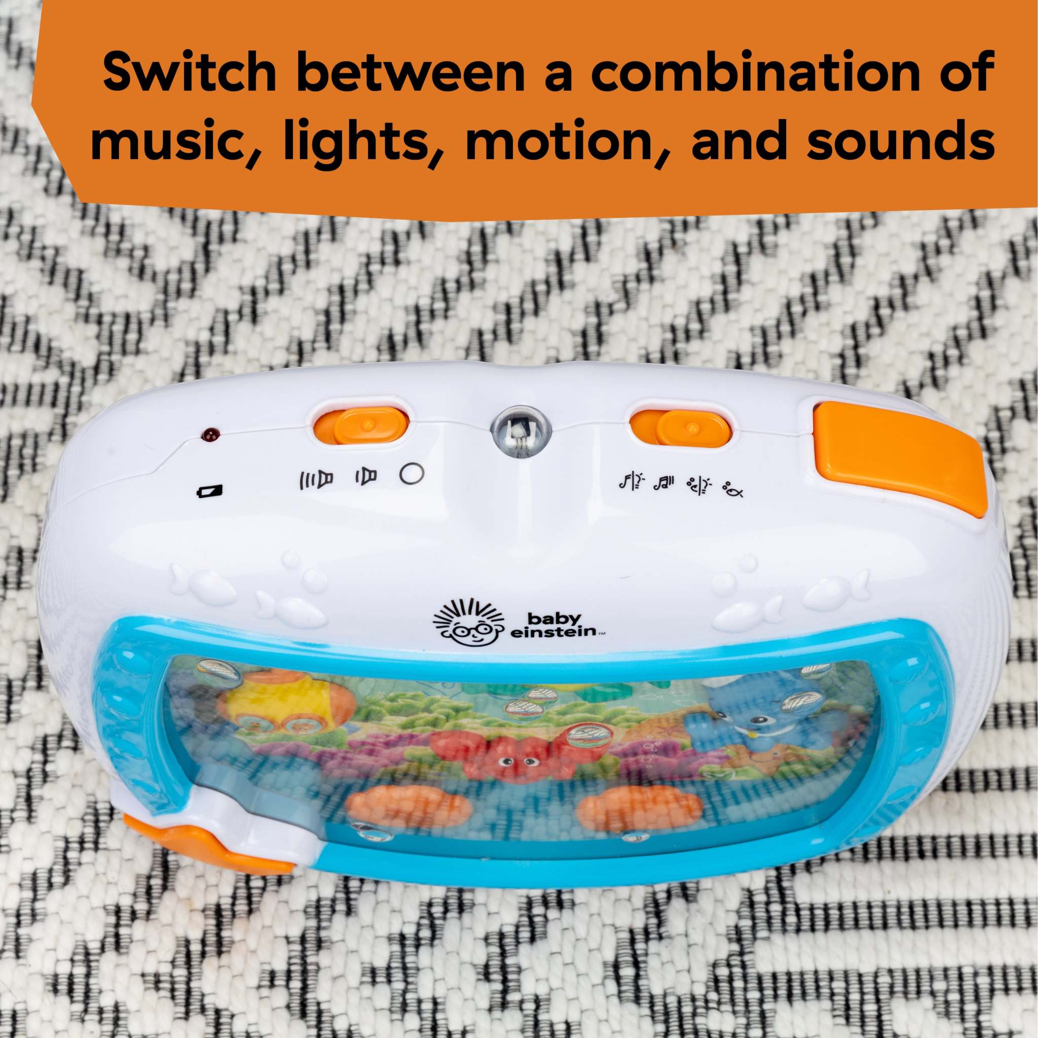 Baby Einstein Sea Dreams Soother for babies with music, lights, motion, and sounds.