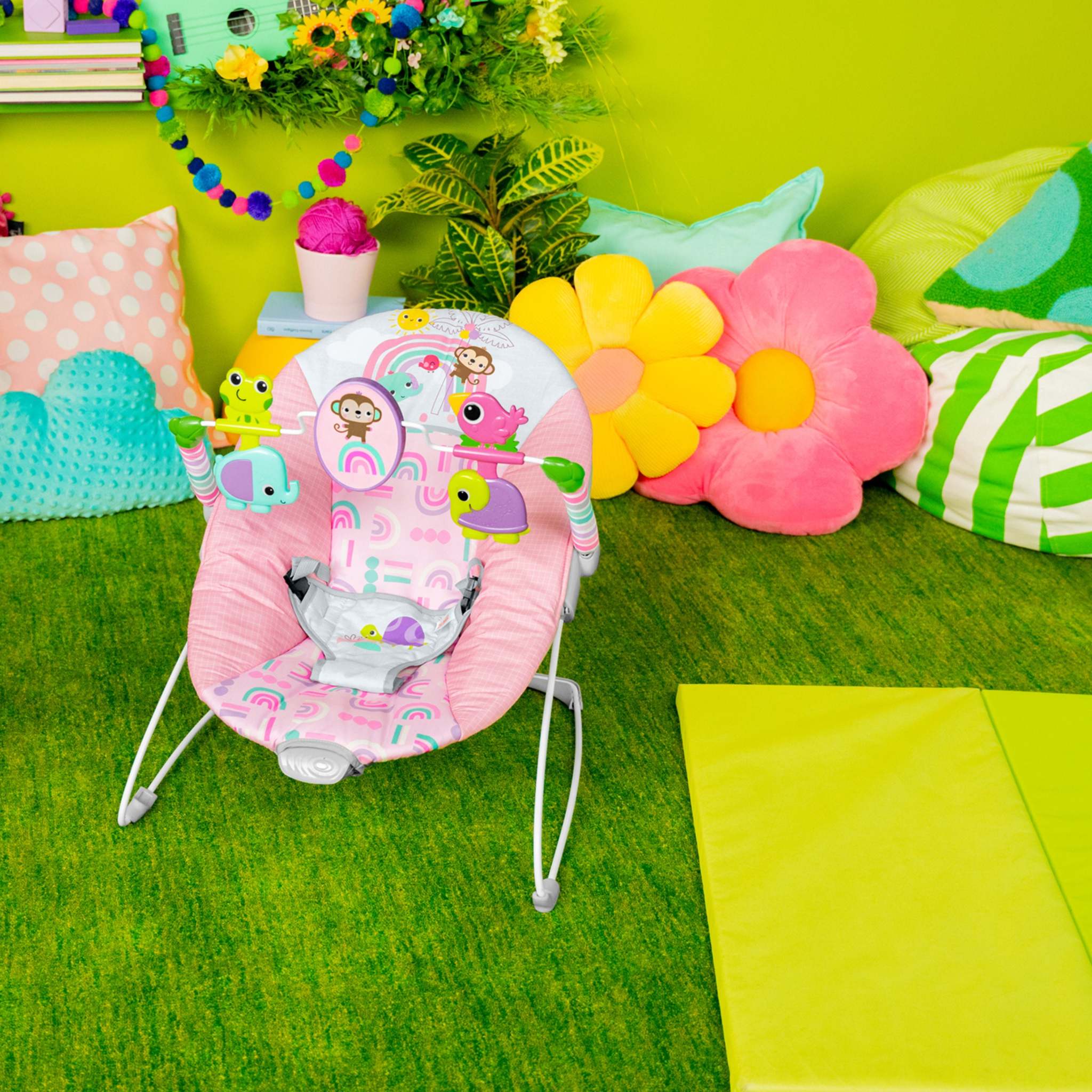 Bright Starts Pink Paradise Vibrating Baby Bouncer with Toys and Mirror