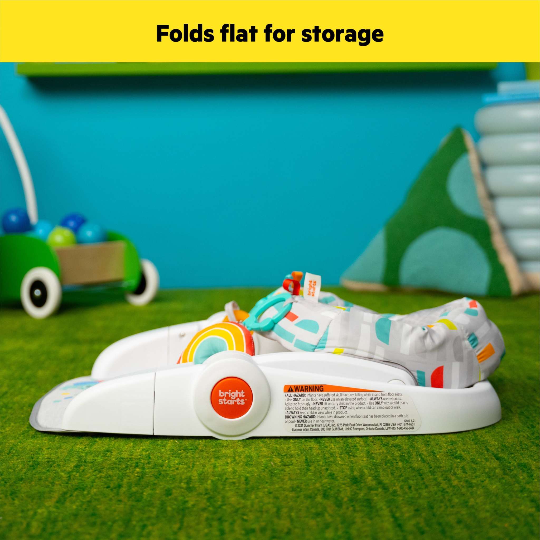 Bright Starts Learn-to-Sit 2-Position Floor Seat with toys and padded seat for baby comfort.