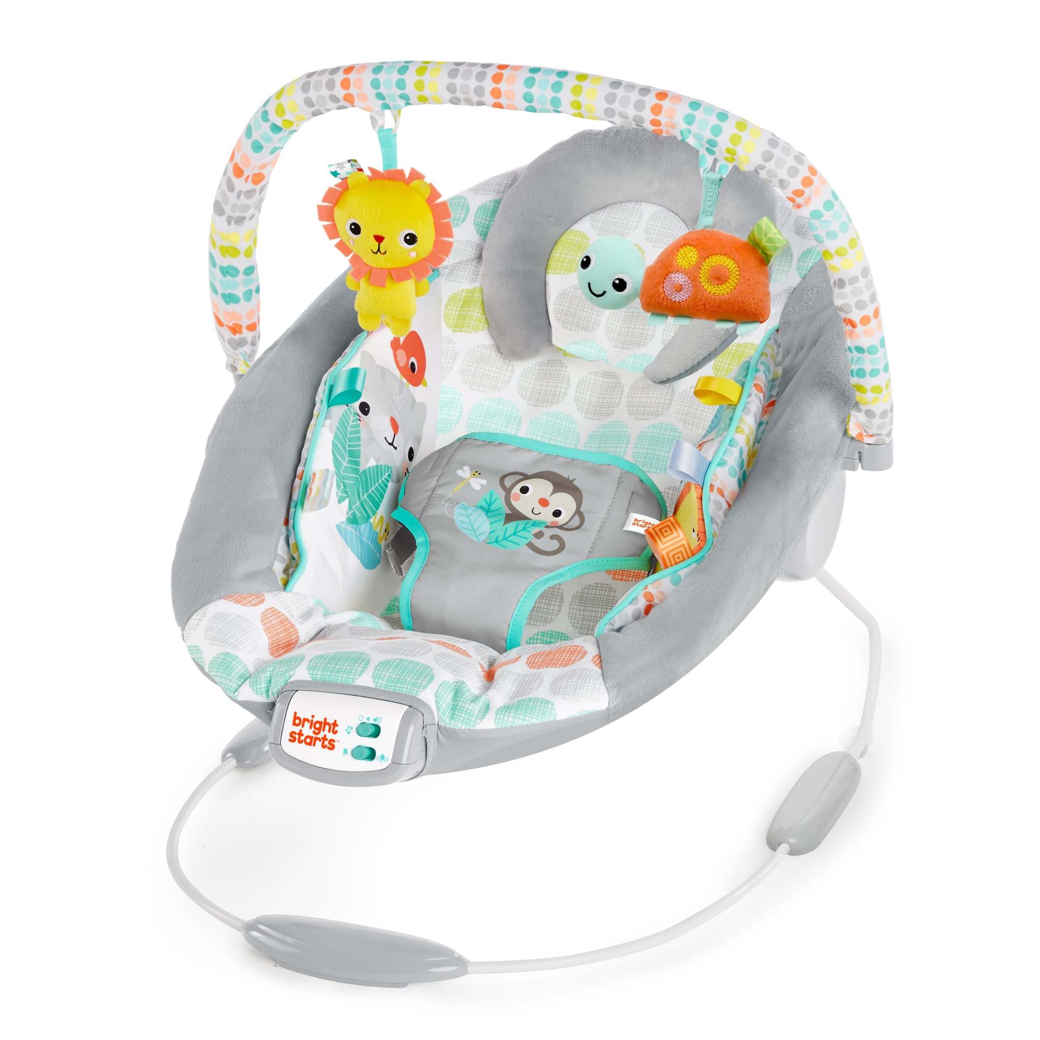 Bright Starts Whimsical Wild Bouncer with plush seat, hanging toys, and removable toy bar.