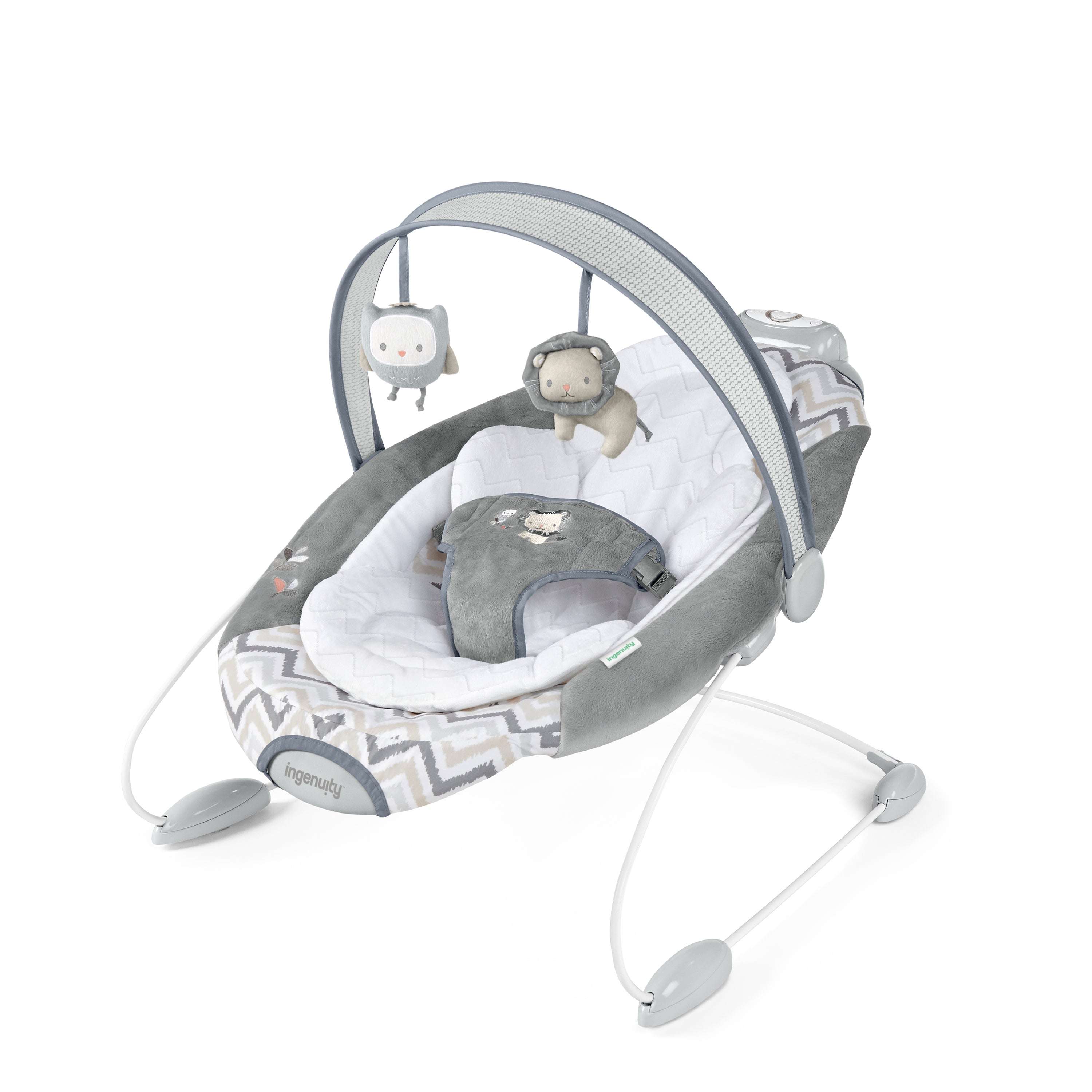 SmartBounce Automatic Bouncer - Braden with plush seat and overhead toy bar.