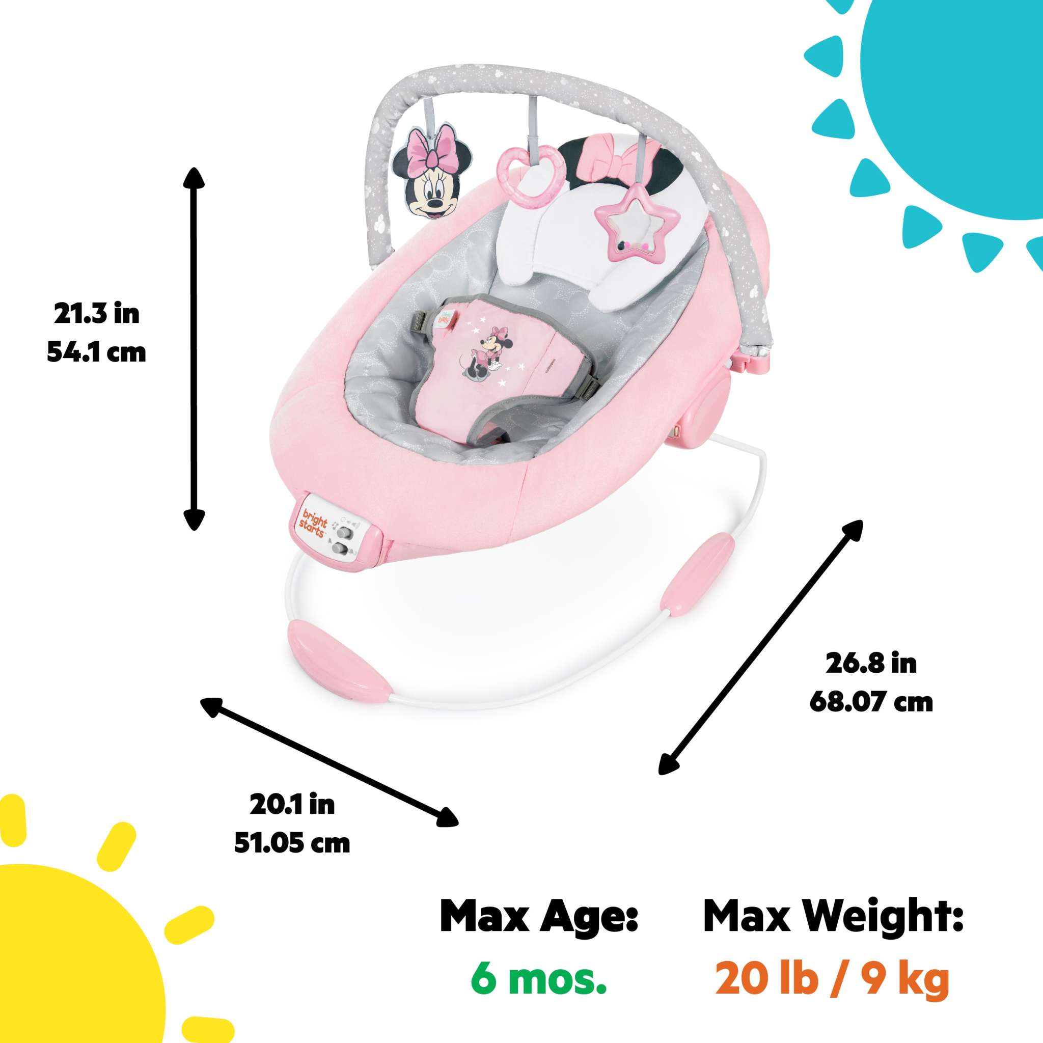 MINNIE MOUSE Rosy Skies Comfy Bouncer with plush seat, Minnie Mouse ears, bow, and playtime toys.