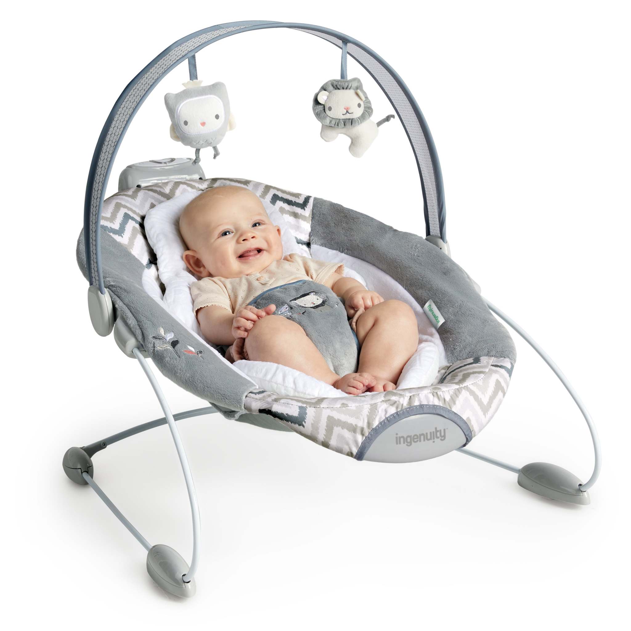 Ingenuity SmartBounce Automatic Bouncer - Braden with plush fabric, removable cushion, overhead toys, and safety harness.