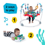 Baby Einstein Airplane Adventure 2-in-1 Activity Jumper with child playing, multi-sensory toys, and removable electronic toy station.