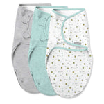Easy Change Swaddle set with bee print, mint, and gray wraps for newborns up to 3 months, made of soft 100% cotton with convenient bottom zipper for quick diaper changes.