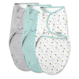 Easy Change Swaddle set with bee print, mint, and gray wraps for newborns up to 3 months, made of soft 100% cotton with convenient bottom zipper for quick diaper changes.