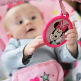 Minnie Mouse Spotty Dotty Vibrating Bouncer for Babies with pink toys and soothing vibrations.