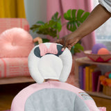 MINNIE MOUSE Rosy Skies ™ Comfy Bouncer with pink and gray design, featuring Minnie Mouse ears and bow for baby girls.