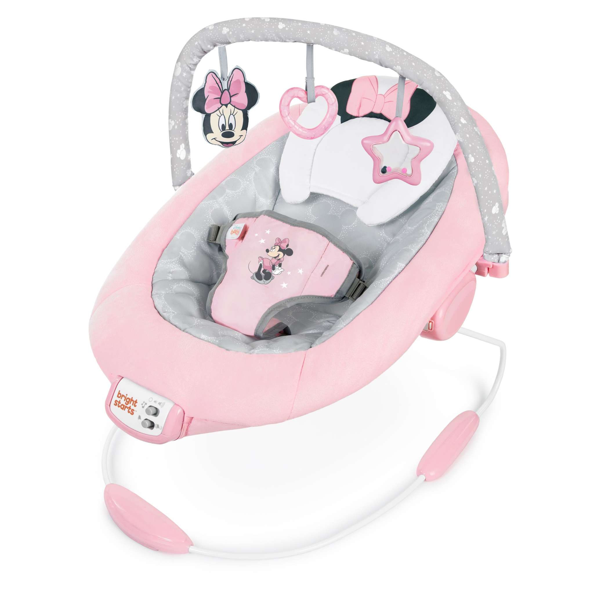 MINNIE MOUSE Rosy Skies ™ Comfy Bouncer with pink and gray design, plush pillow, Minnie Mouse ears, bow, 3-point harness, and playtime toys for infants.