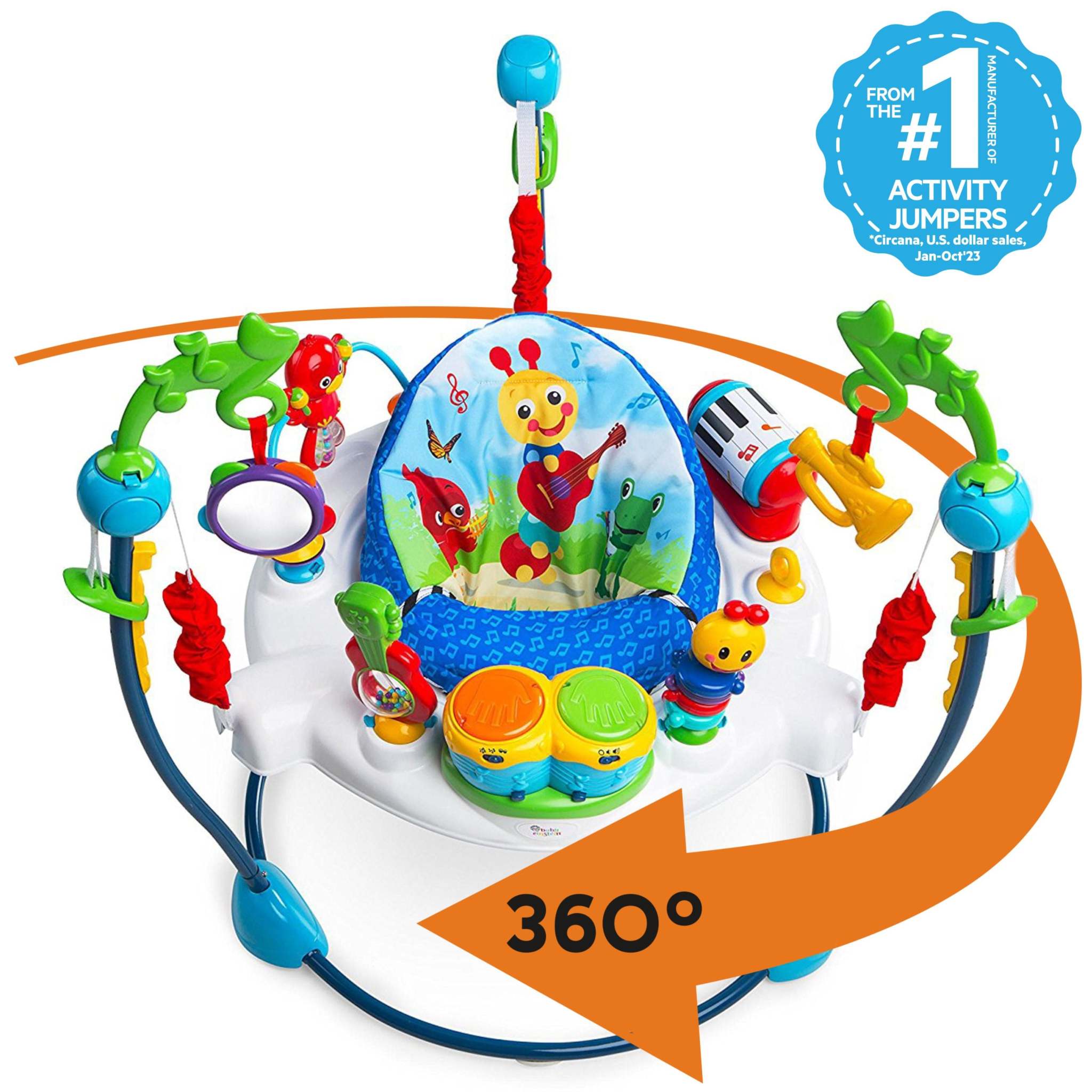 Baby Einstein Neighborhood Symphony Activity Jumper with 360° rotating seat and musical instruments for babies aged 6-12 months.
