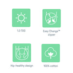 Easy Change Swaddle with zipper, 100% cotton, hip-healthy design, and 1.0 TOG for newborns.
