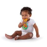 Baby with Bright Starts Soothers & Shakers teether from the 7-Piece Gift Set.