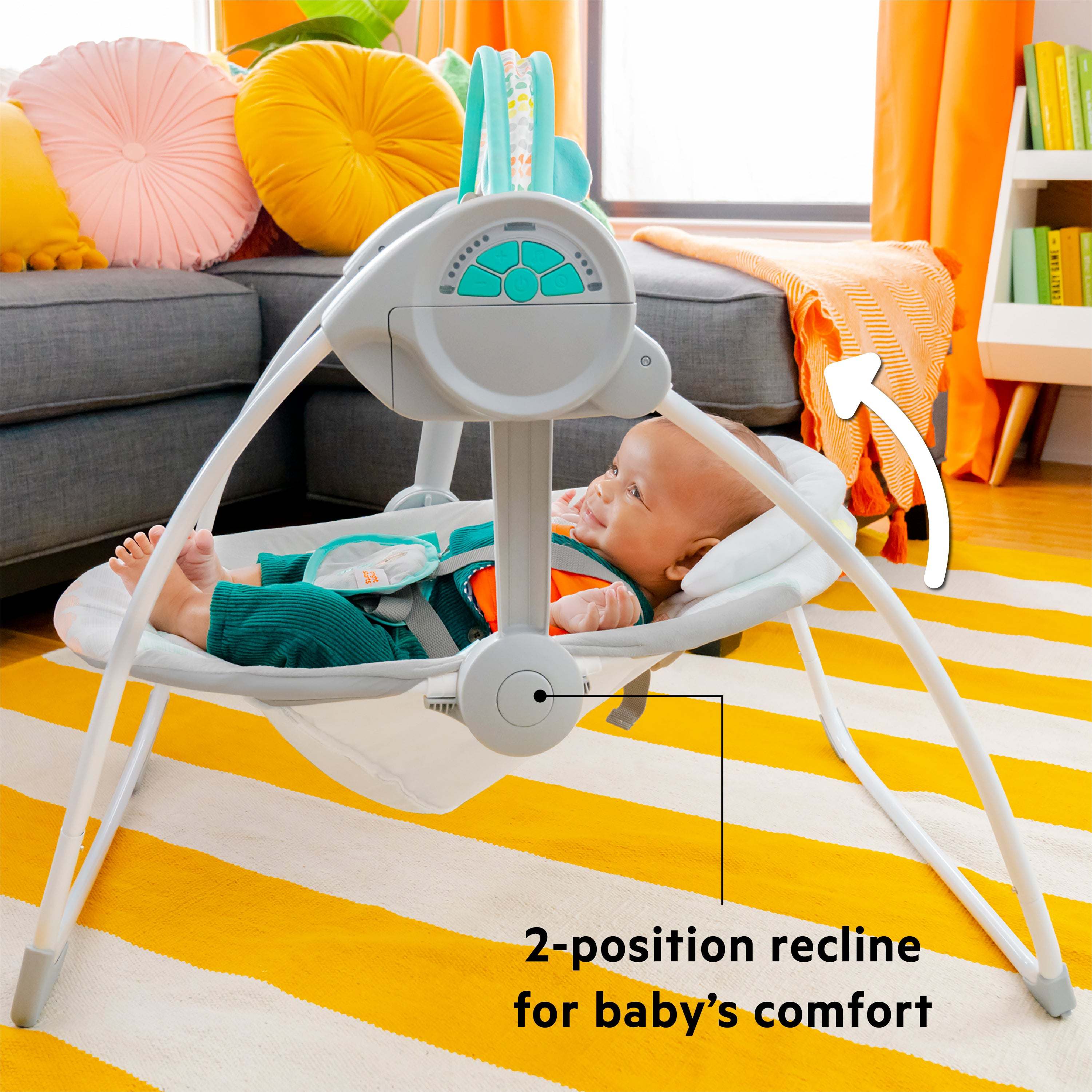 Bright Starts Whimsical Wild Portable Swing with recline feature for baby comfort in living room setting.