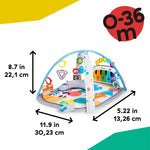 Baby Einstein 4-in-1 Kickin’ Tunes Music & Language Discovery Gym with dimensions for ages 0-36 months.