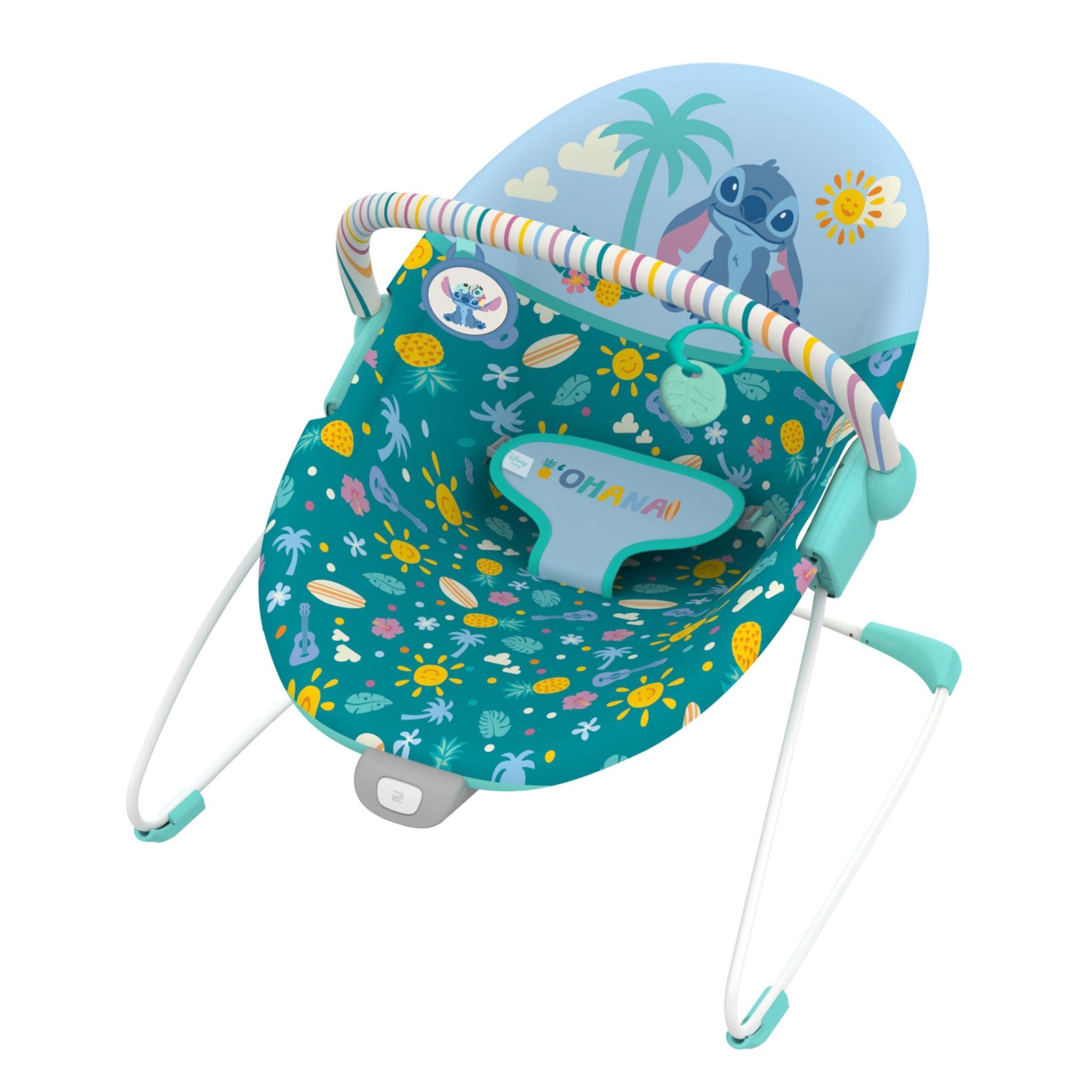 Disney Baby Stitch Ohana Paradise Vibrating Bouncer with toy bar and vibrant design.