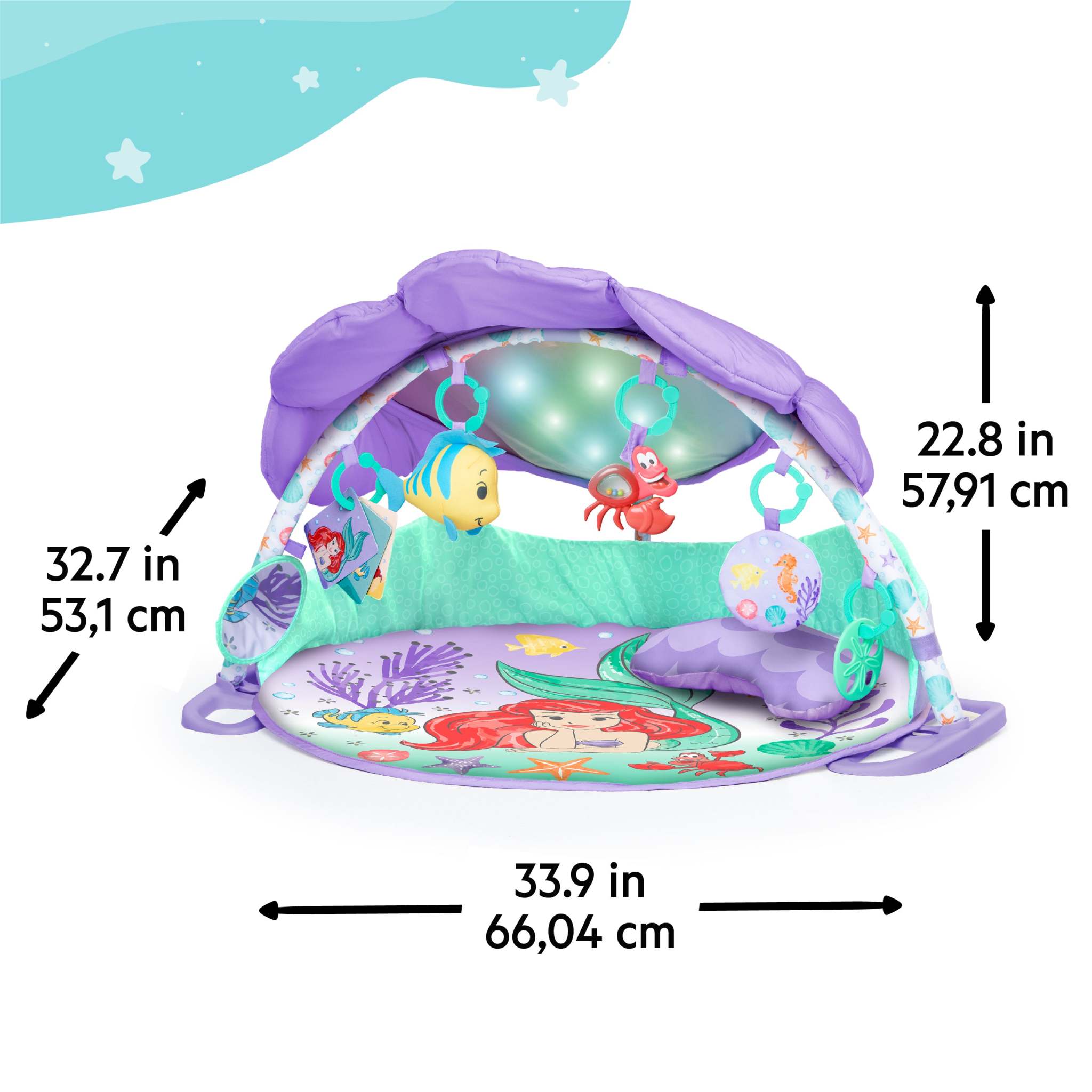 MERMAID Twinkle Trove Lights & Music Activity Gym with purple seashell canopy, detachable toys, and vibrant play mat.