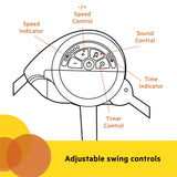 Adjustable swing controls for Whimsical Wild Portable Swing with speed, sound, and timer indicators.